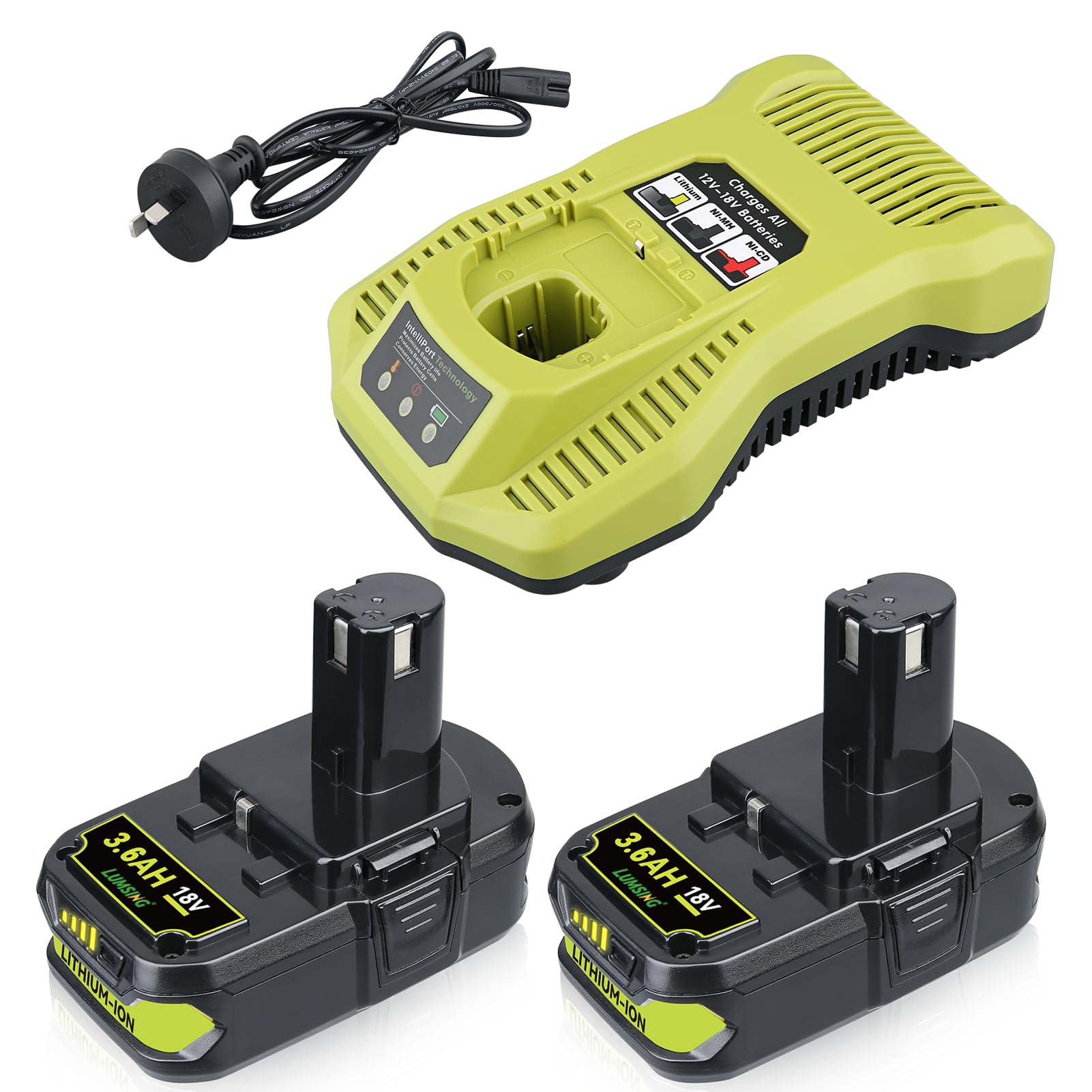 Lumsing 3.6Ah 2Pack P102 Replacement for Ryobi 18V Battery and P117A Charger with Dual USB Compatible with Ryobi 18V Cordless Power Tools