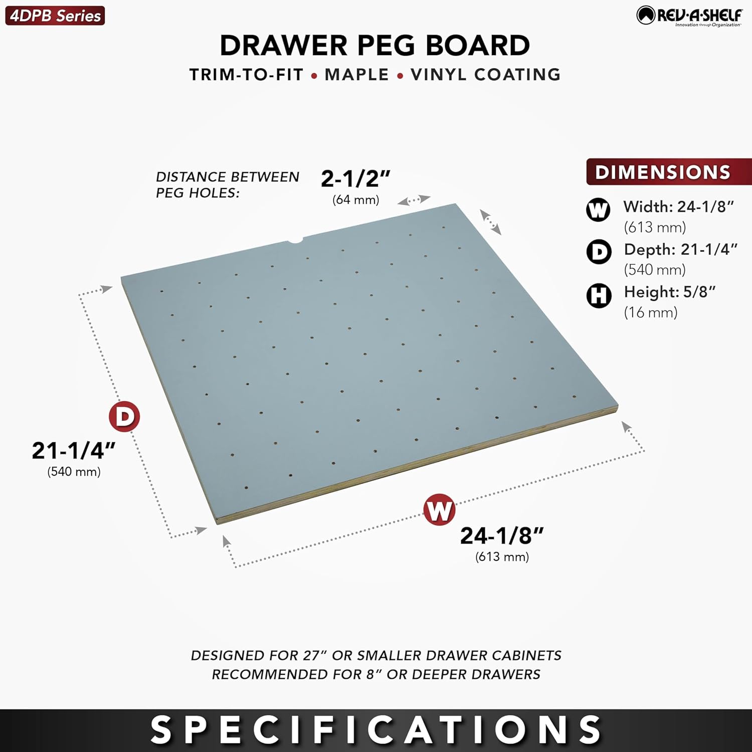 Rev-A-Shelf Wood Trim-to-Fit Drawer Peg Board Insert with Vinyl Coating