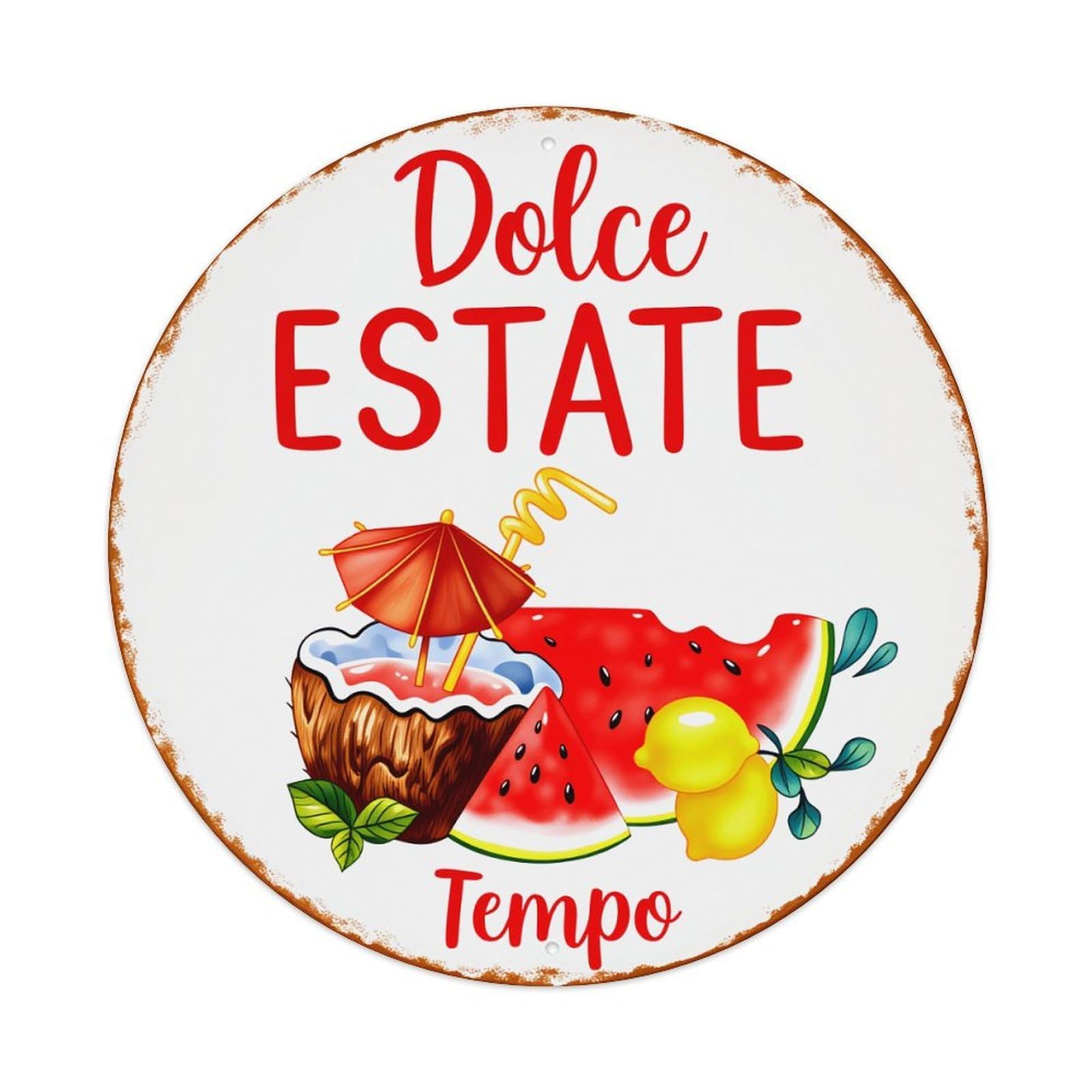 Lzwbntey Vintage Dolce Estate Tempo Watermelon Coconut Metal Tin Sign Retro Wall Decor For Home Bar Garage Cafe, Indoor & Outdoor Decorative，Circle Metal Poster, 8X8 Inch