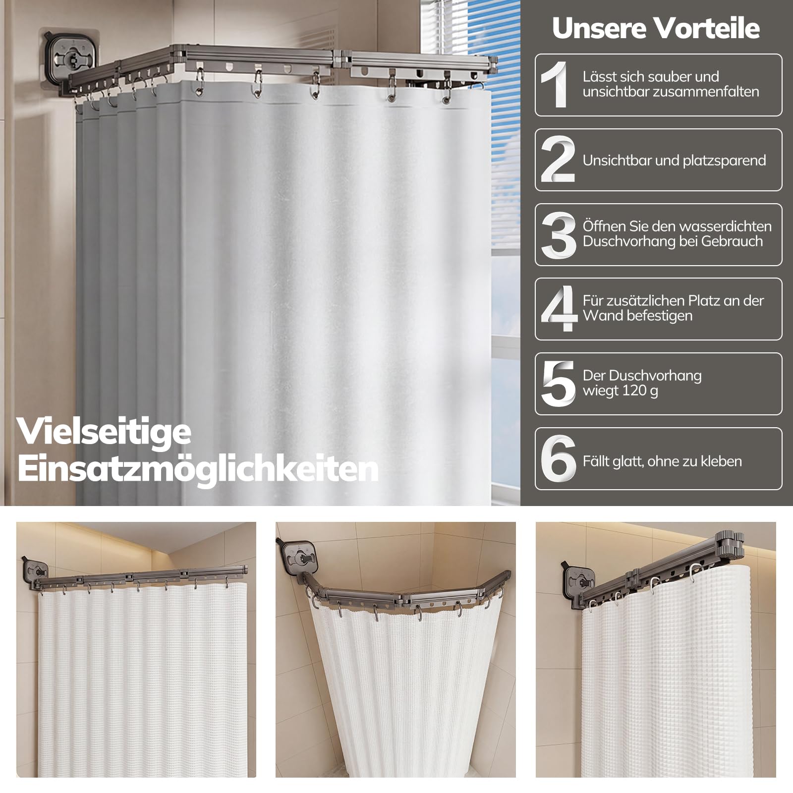 Rideau De Douche Sans Perçage, Tringle à Rideau De Douche Pliable Avec Ventouses, Rideau Douche (1,8x2m), Tige d'Angle avec Anneaux, pour Salles de Bain, Baignoire, Vestiaires(noir, 4 Plis)