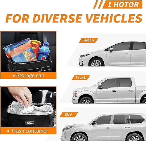 Vista 56 de HOTOR - Organizador de auto con tapa y bolsillos de almacenamiento, 100 % a prueba de fugas, resistente al agua, cubo de basura para autos, Negro