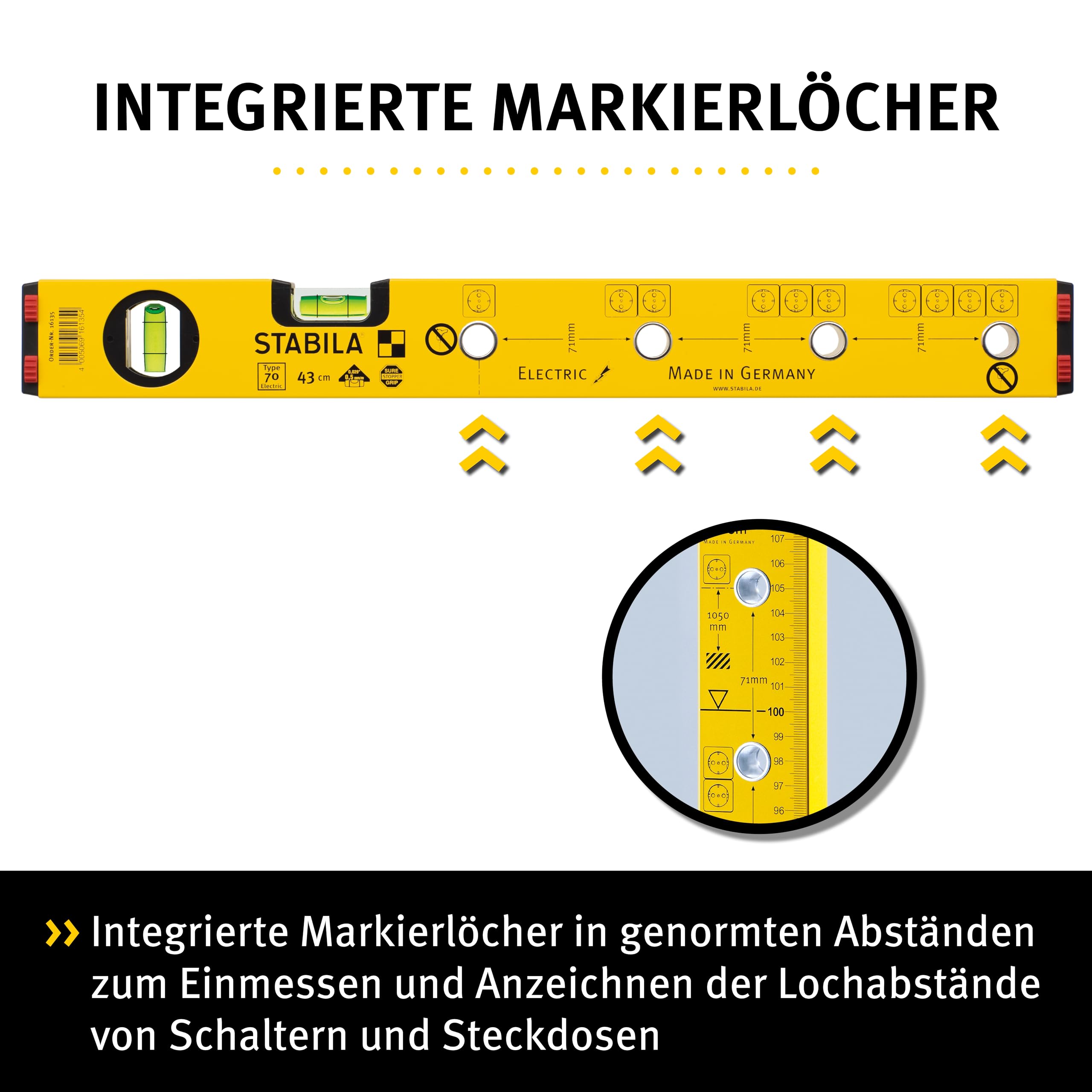 STABILA ELECTRIC ZESTAW - elektryczny zestaw poziomicy typu 70 Electric / 43 cm z otworami do oznaczania, mini poziomica Pocket Electric /7 cm, calówka typ 707 P /2 m (certyfikat PEFC), ołówek typu ZB