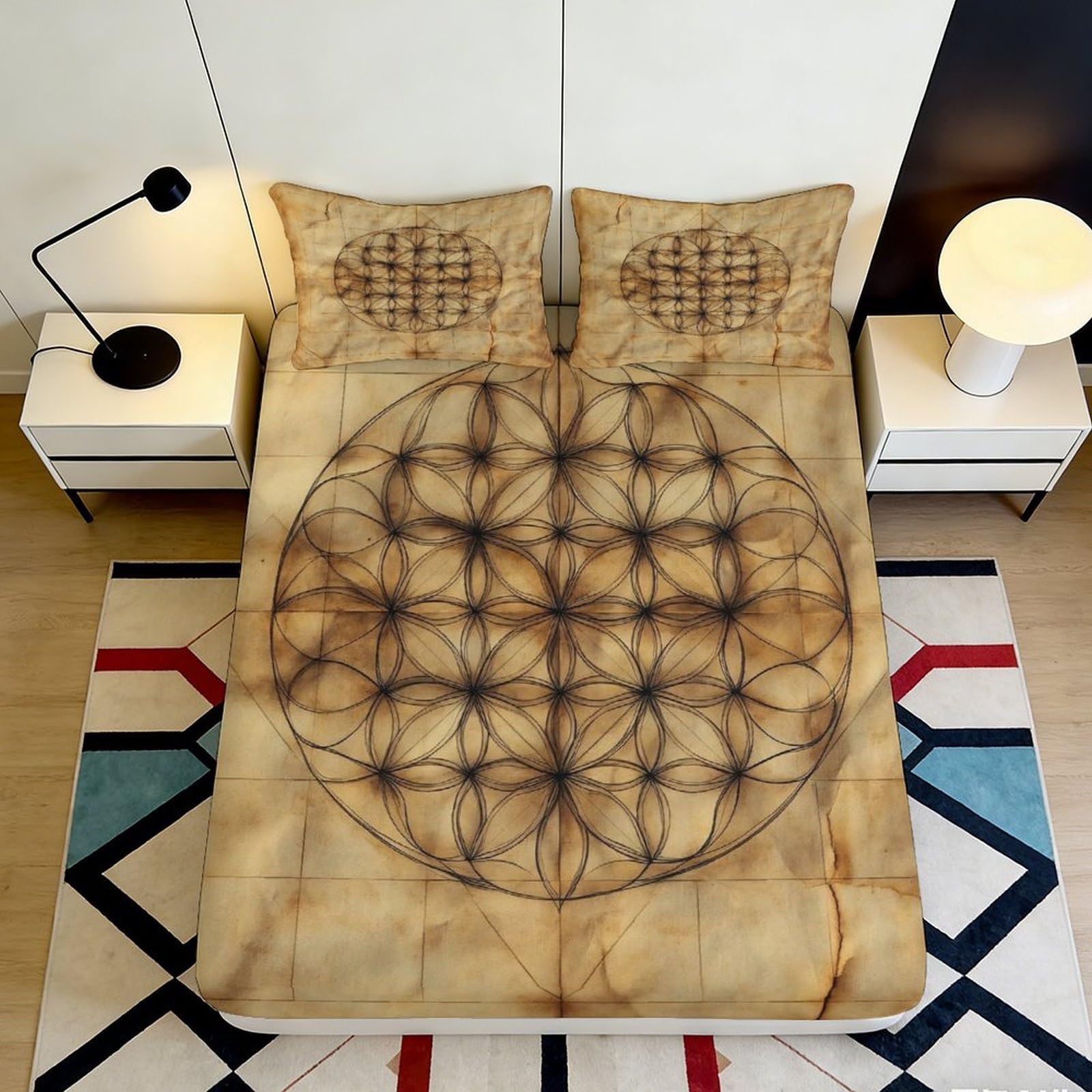 3D Printed Vintage Geometric Mandala Fitted Sheet Microfiber Soft Breathable Sacred Flower Mattress Cover for Bedroom Dorm Decor 90x200x25cm