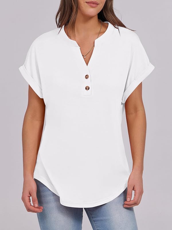 ANRABESS Womens Short Sleeve Henley Tops V Neck Dressy Casual Blouses Summer Trendy Tee Shirts 2026 Vacation Fashion Clothes White M by ANRABESS - Image 3
