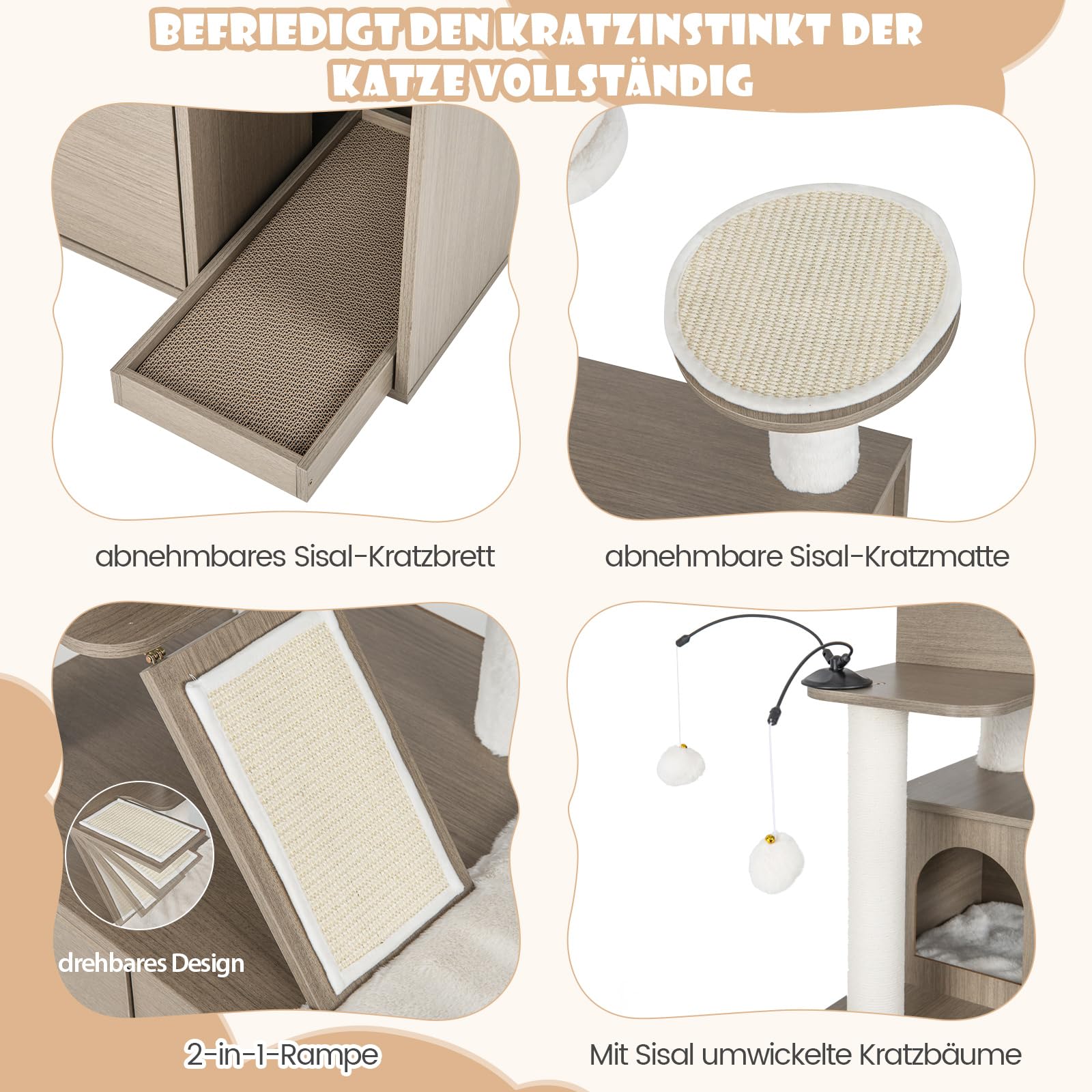 COSTWAY Kratzbaum mit Katzenschrank, Katzenbaum mit 2 Höhlen & Kratzbrett & Eingang & Spielball & Kissen & Rampe, All-in-One Katzenhaus, Katzenkratzbaum Groß, Katzenmöbel Katzen, 95x55,5x173cm, Grau