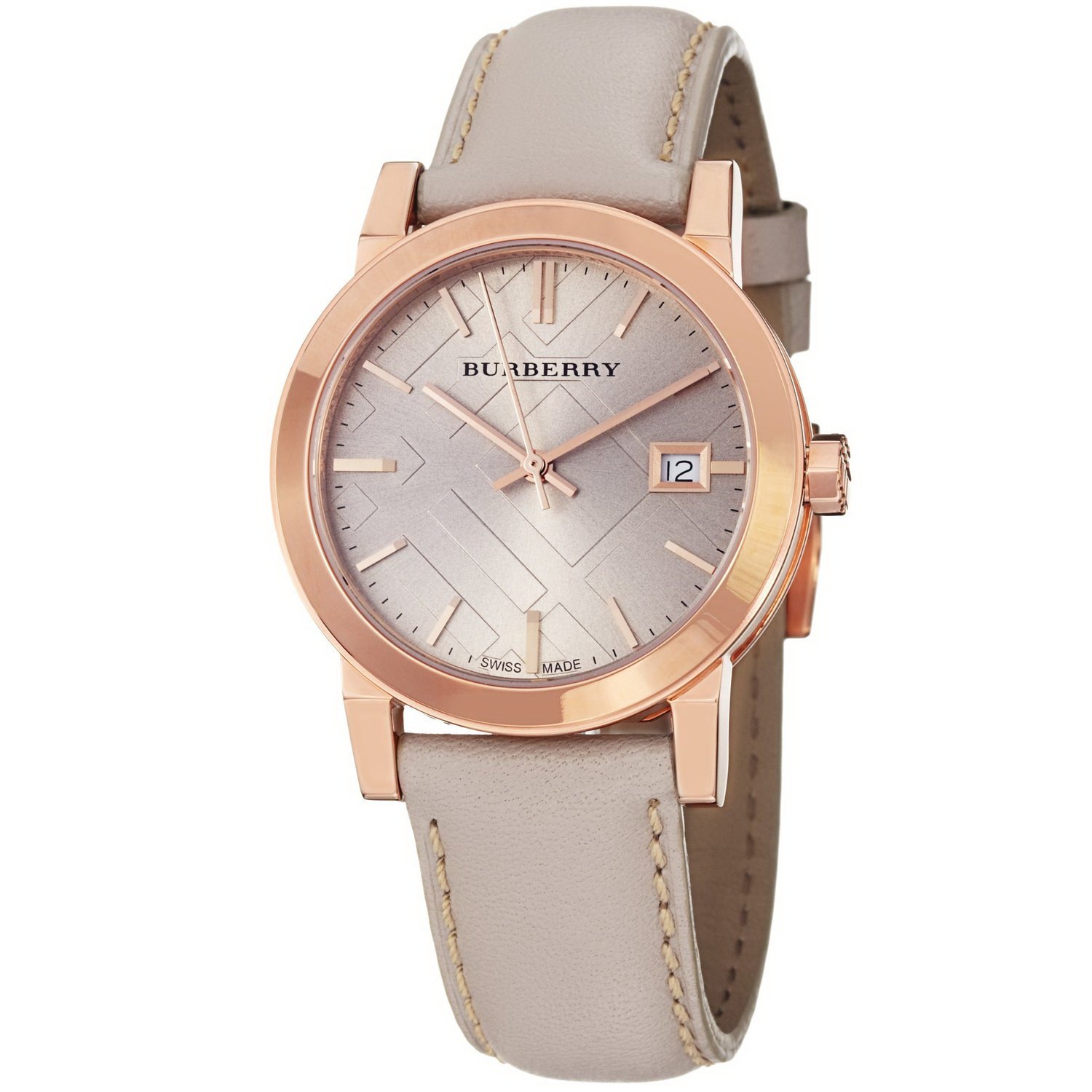 Burberry Luxury Rare Rose Gold Watch Womens Unisex Men The City Beige Authentic Leather Beige Dial D