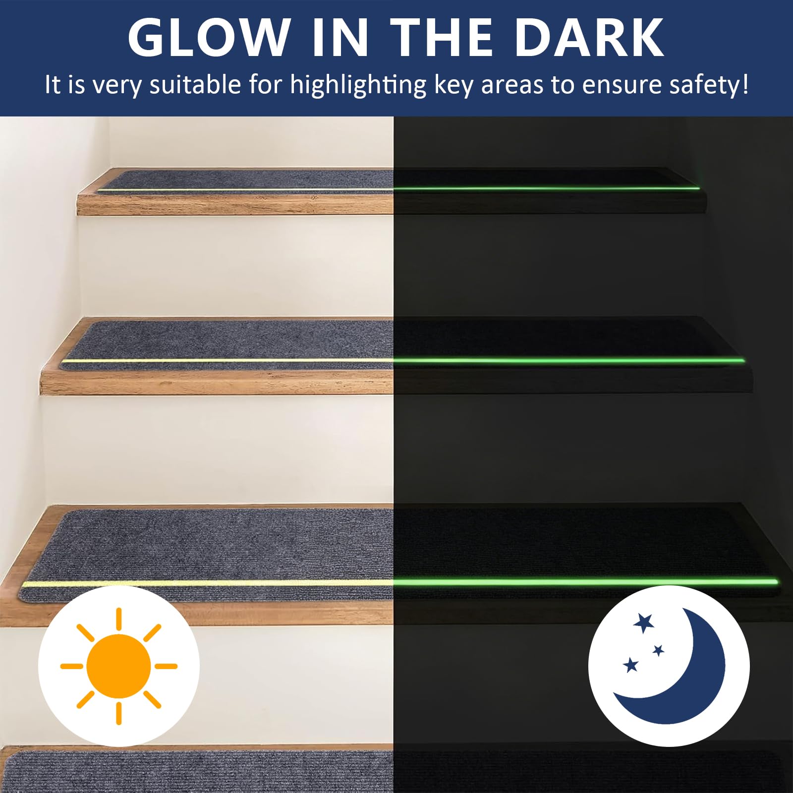 Dywaniki schodowe z efektem Glow in the Dark w paski, 76 x 20 cm – samoprzylepny dywan schodowy z poliestru z tyłu TPE – antypoślizgowe maty na schody do drewnianych stopni, dla dzieci i zwierząt