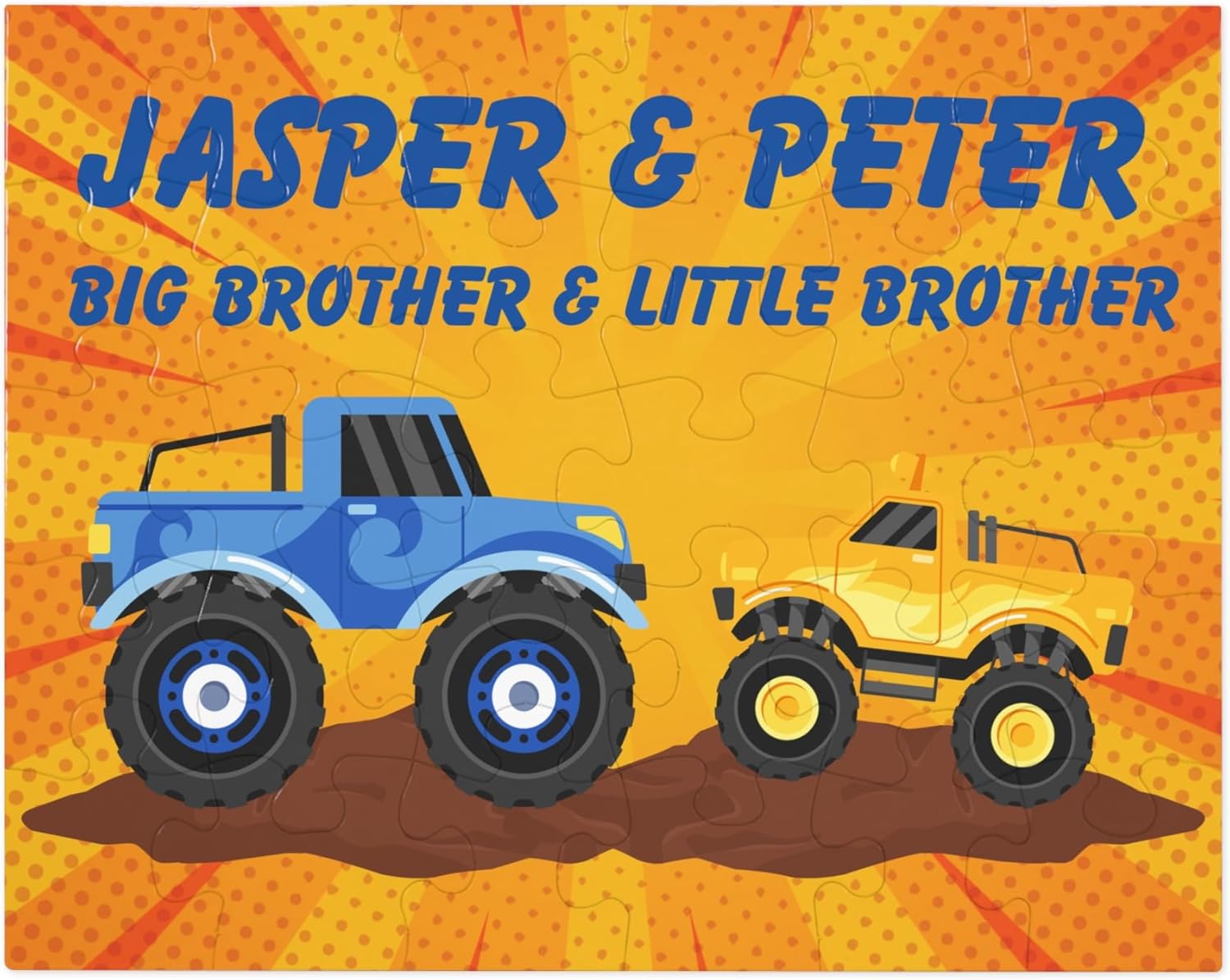 Handmade Personalized Big and Little Brother Child Name Puzzle, Jigsaw Game, Custom Kid Dump Truck Dirt Mud Construction Excavator Monster Truck,