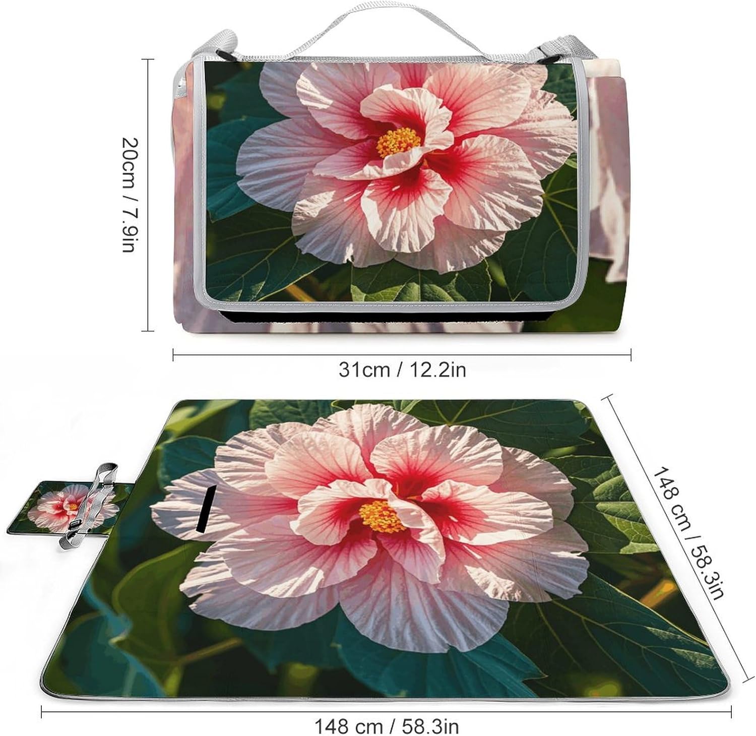 Outdoor Picnic Blanket Extra Large Beach Blanket Waterproof Picnic Mat Cotton Rose Hibiscus Camping Blanket Portable with Carry Strap Park Blanket for Grass Camping Park