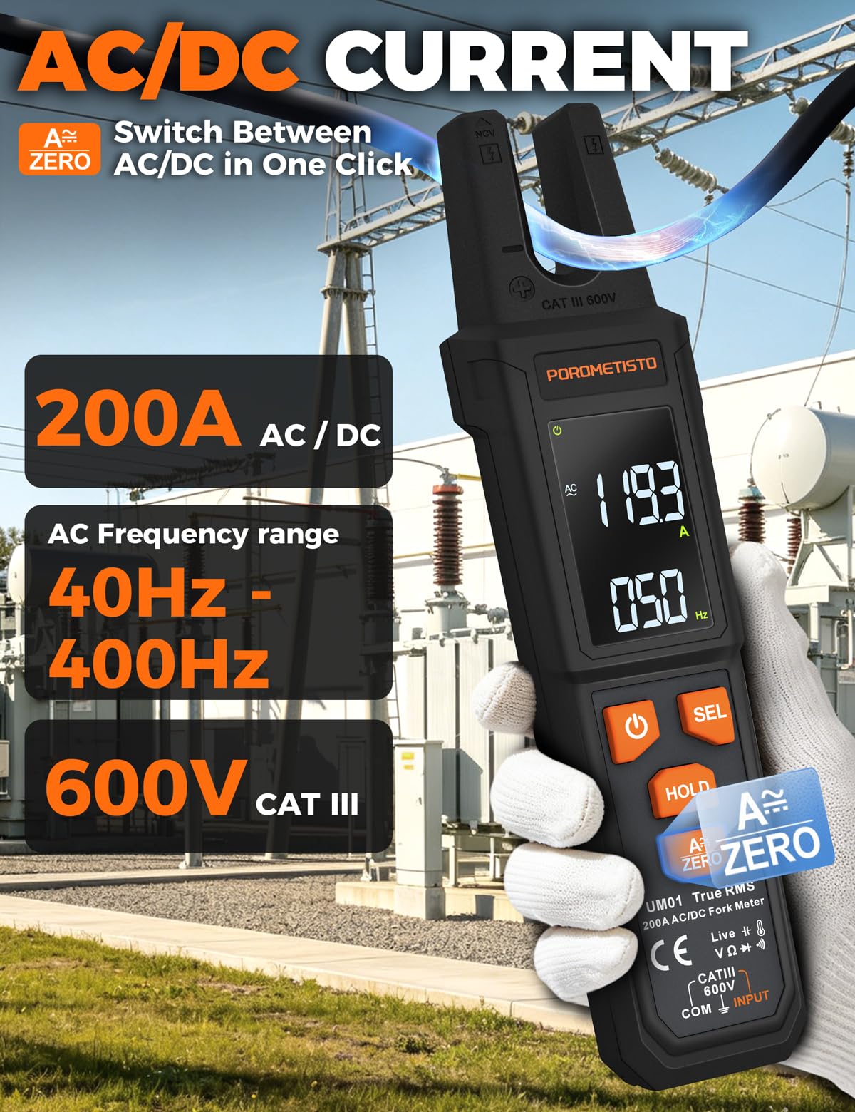 Pinza Amperometrica Professionale UM01 Morso a U POROMETISTO 4000 TRMS | Milliampere Multimetro Digitale Autorange, Auto-ID AC/DC, NCV, Live, Resistenza, Capacità, Temperatura, 1000V Tester
