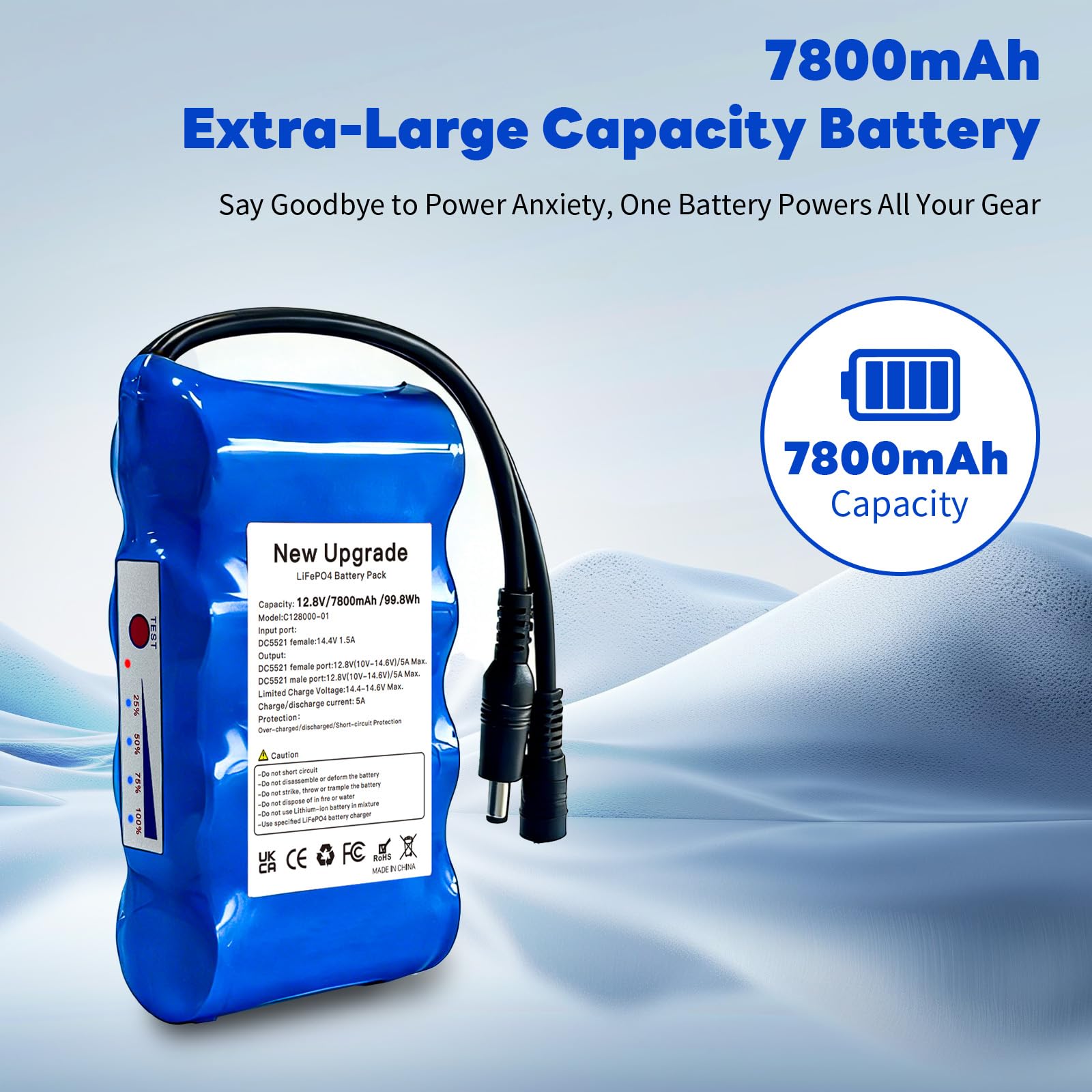 12.8V LiFePO4 Akkupack, 3000+ Zyklen Wiederaufladbare 12.8V 6Ah 99.84Wh Lithium Eisen Phosphat Batterie mit DC Ausgang für LED Streifen, CCTV Kamera, Router, DIY und mehr