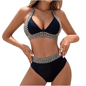 Women 2 Piece Bikini Swimsuit Sexy High Waist Halter V Neck Bathing Suit Color Block Tie Back Tummy