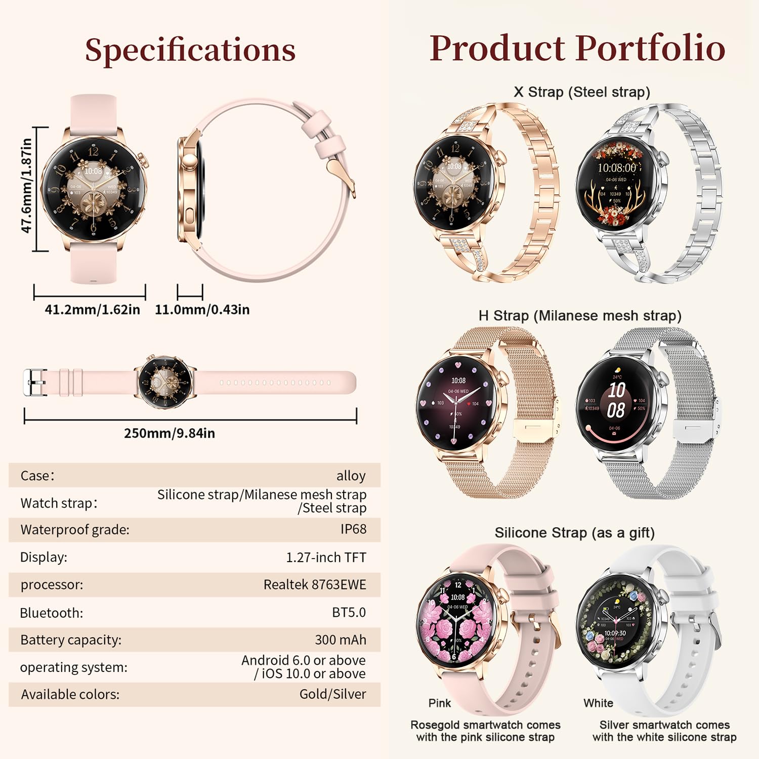 Reloj inteligente para mujer con función de teléfono, pantalla de 1.27 pulgadas, pulsera de metal y correa de silicona, frecuencia cardíaca/SpO2/presión arterial/monitor de sueño, seguimiento de ciclo