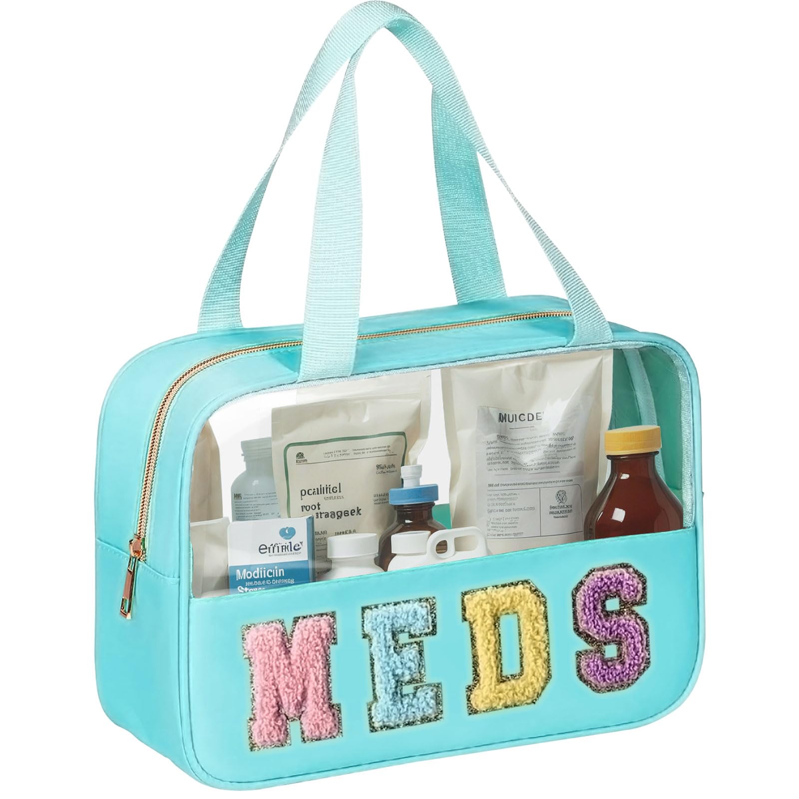 BuyCard Chenille Letter Patch Clear Travel Bags, Preppy PVC&Nylon Makeup Bag with Handle and Zipper, Waterproof Large Clear Travel Toiletry Bag