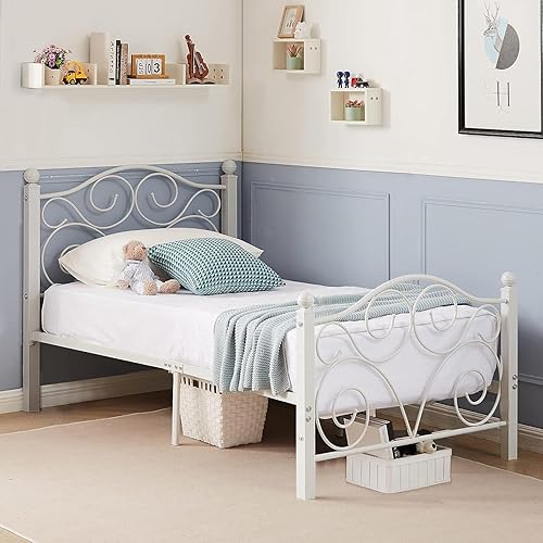 Miniatura 3 de VECELO Base de cama tamaño individual con cabecero y estribo, soporte de listones de metal resistente, base de colchón de plataforma, no necesita