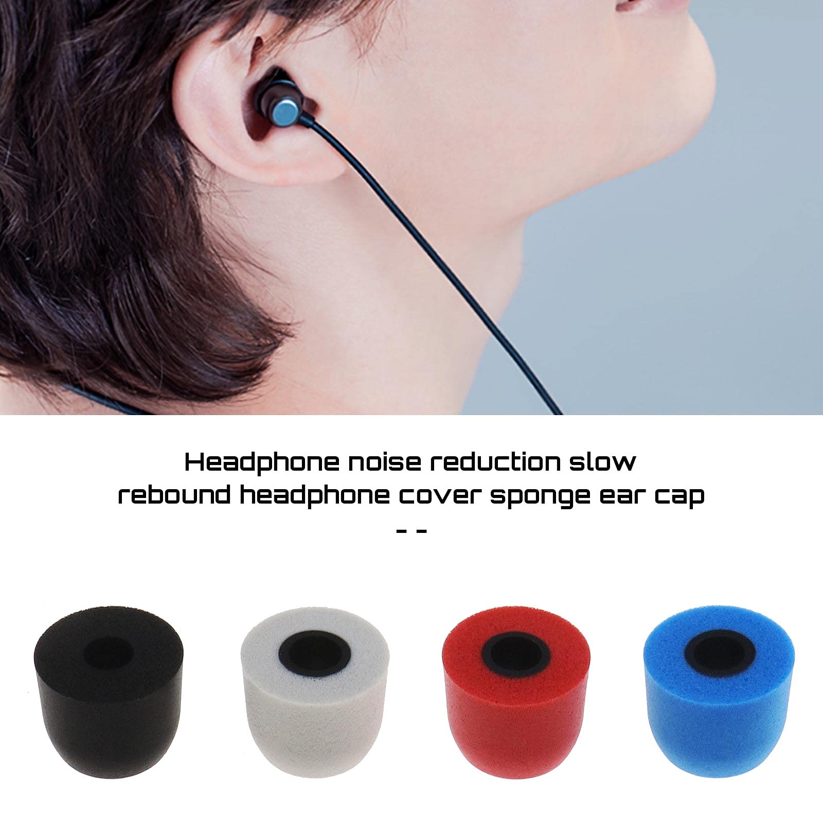 10 pares de almohadillas de espuma viscoelástica para la mayoría de auriculares de 4,5 a 5,5 mm con caja de almacenamiento que bloquea el ruido ambiental, 4 colores, negro, rojo, azul, gris