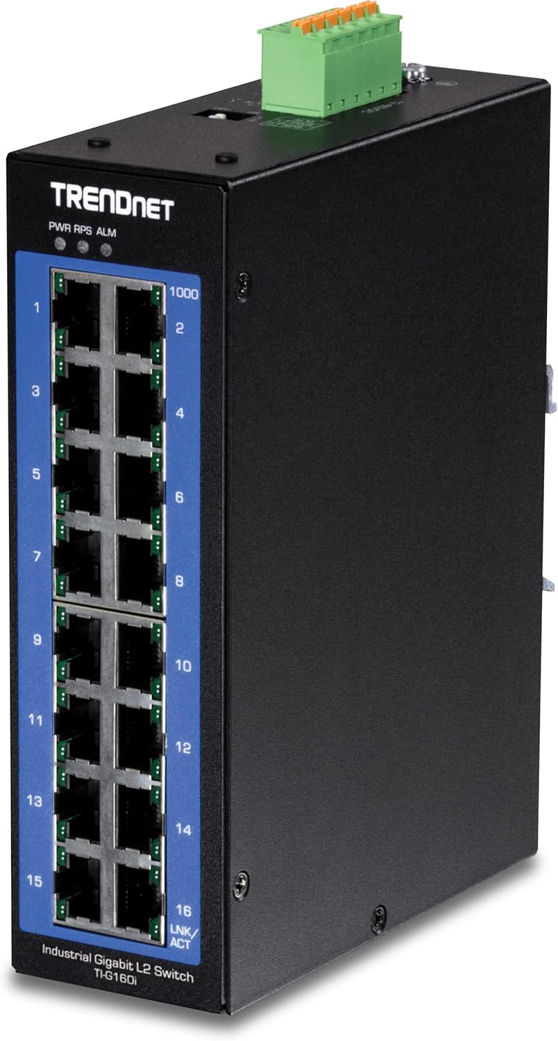 TRENDnet 16-Port Industrial Gigabit L2 Managed DIN-Rail Switch, Layer 2 Switch, 16 x Gigabit Ports, 32Gbps Switching Capacity, Extreme Temperature Gigabit Switch, Lifetime Protection, Black, TI-G160i