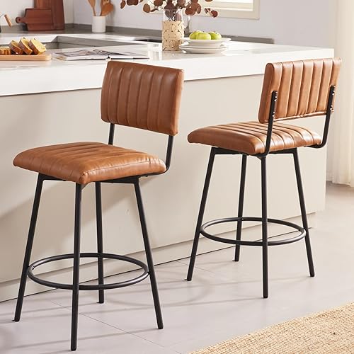 Miniatura 17 de Taburete de bar giratorio de altura de mostrador con respaldo, taburete tapizado de 26 pulgadas con marco de metal, respaldo de asiento de canal,