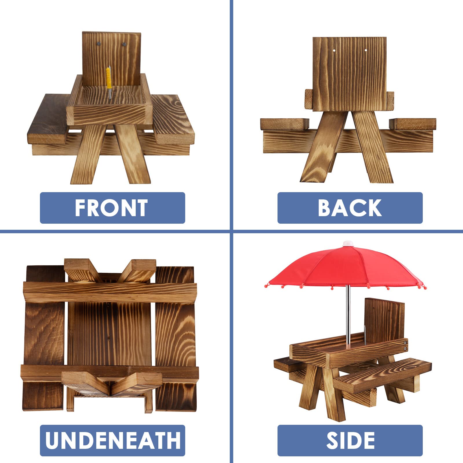 Comedero de ardillas de madera para exteriores, divertido mesa de alimentación para ardillas con un paraguas para jardín, patio, árbol