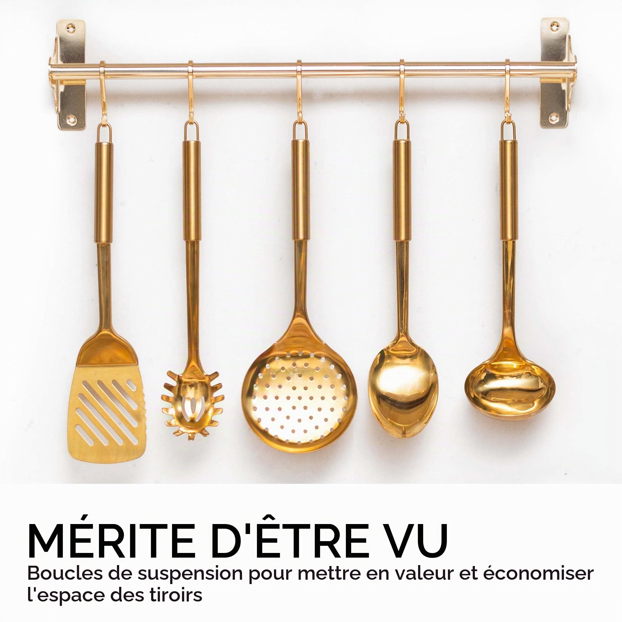 Ensemble d’ustensiles de cuisine dorés – 5 pièces en acier inoxydable pour cuisiner et servir, incluant louche, cuillère, spatule et fourchette à pâtes – Accessoires de cuisine luxe