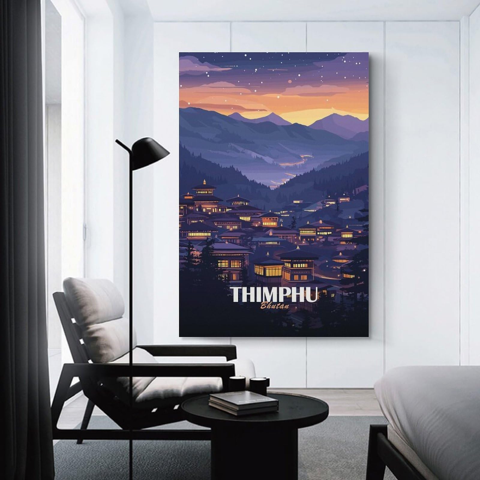 Junmoney Thimphu, Bhutan at Night Canvas Wall Picture 20x30inch(50x75cm), for Entryway, Lounge Links Or Small Walls, Decorative Canvas Styling for Entry Areas