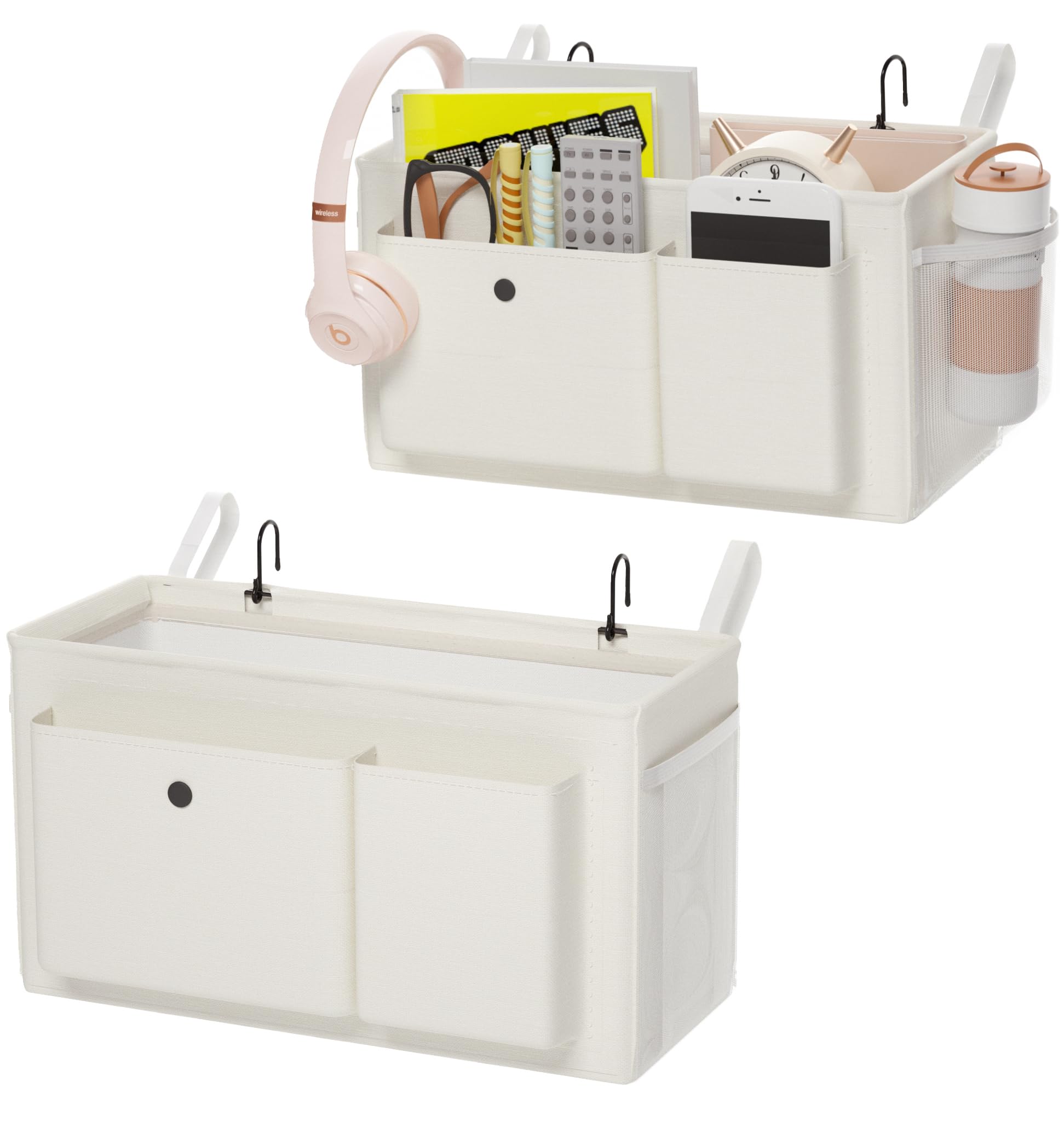 Edudif White 2Pcs Bedside Caddy Bedside Organizer With Fixed Straps & Water Bottle Holder, Bunk Bed Caddy Ideal For Home, Dorm, Hospital, Crib, Versatile Bedside Storage Solution (White 2Pcs)