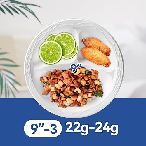 Miniatura 3 de Platos de plástico, 3 compartimentos, paquete de 150 platos reutilizables de 9 pulgadas, sin BPA, platos irrompibles, platos para fiestas, eventos,