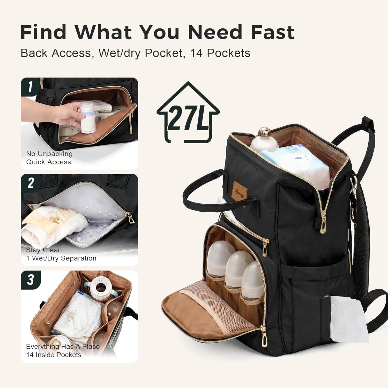 Diaper Bag Backpack, Large Capacity Baby Bag with Stroller Straps and Luggage Sleeve, Insulated Bottle Pockets, Changing Pad, Wet/Dry Pocket, Unisex for Mom and Dad, 27L Black