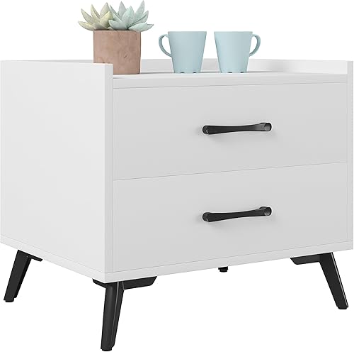 Miniatura 7 de ZeeFu Mesita de noche blanca con 2 cajones de almacenamiento, mesita de noche clásica moderna con patas de metal, mesa auxiliar minimalista y