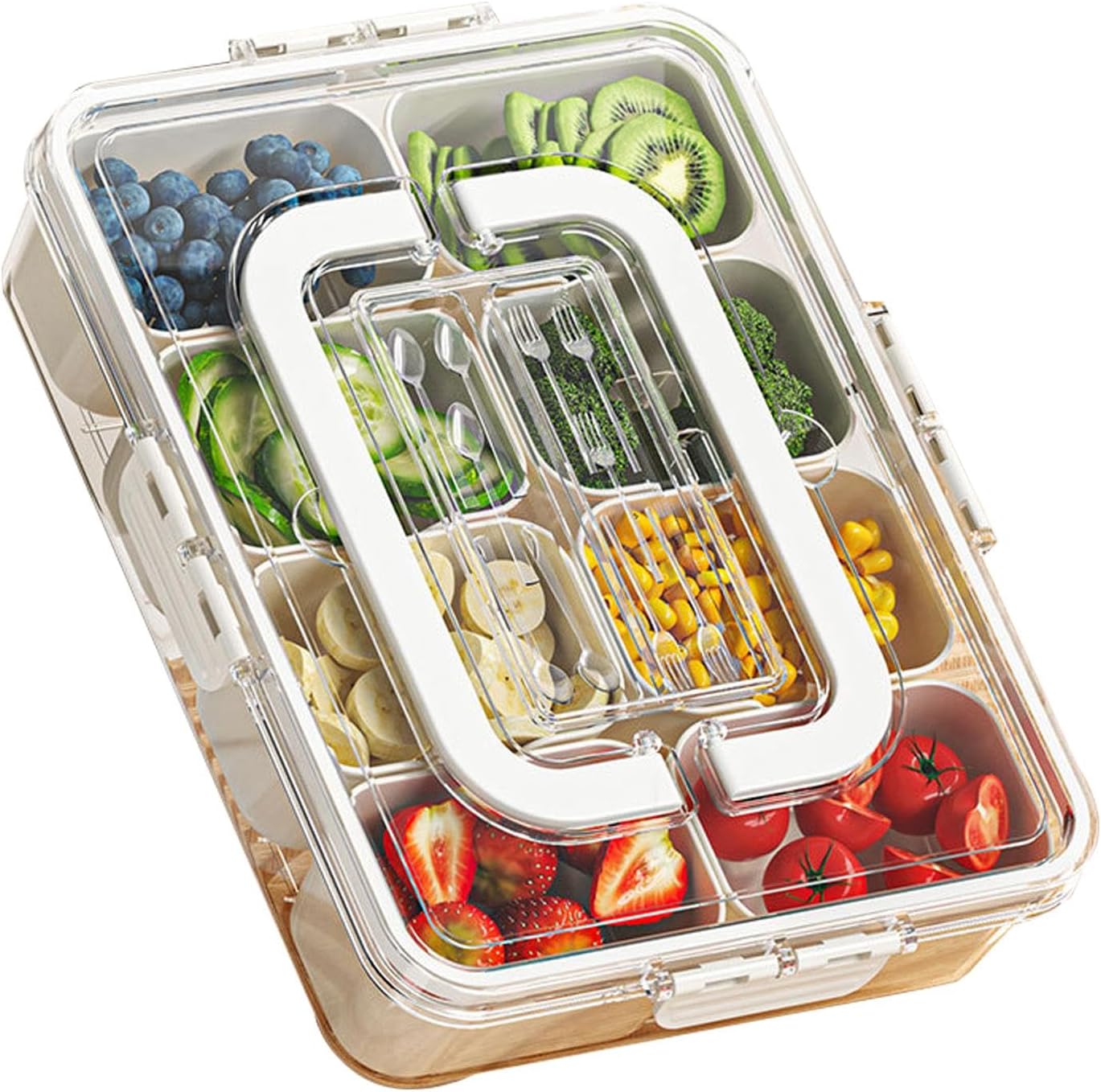 ハンドル付き仕切りボックス | 8つのコンパートメントの分割トレイ 蓋とハンドル付き | シャルキュトリー容器 学校や職場での食事に