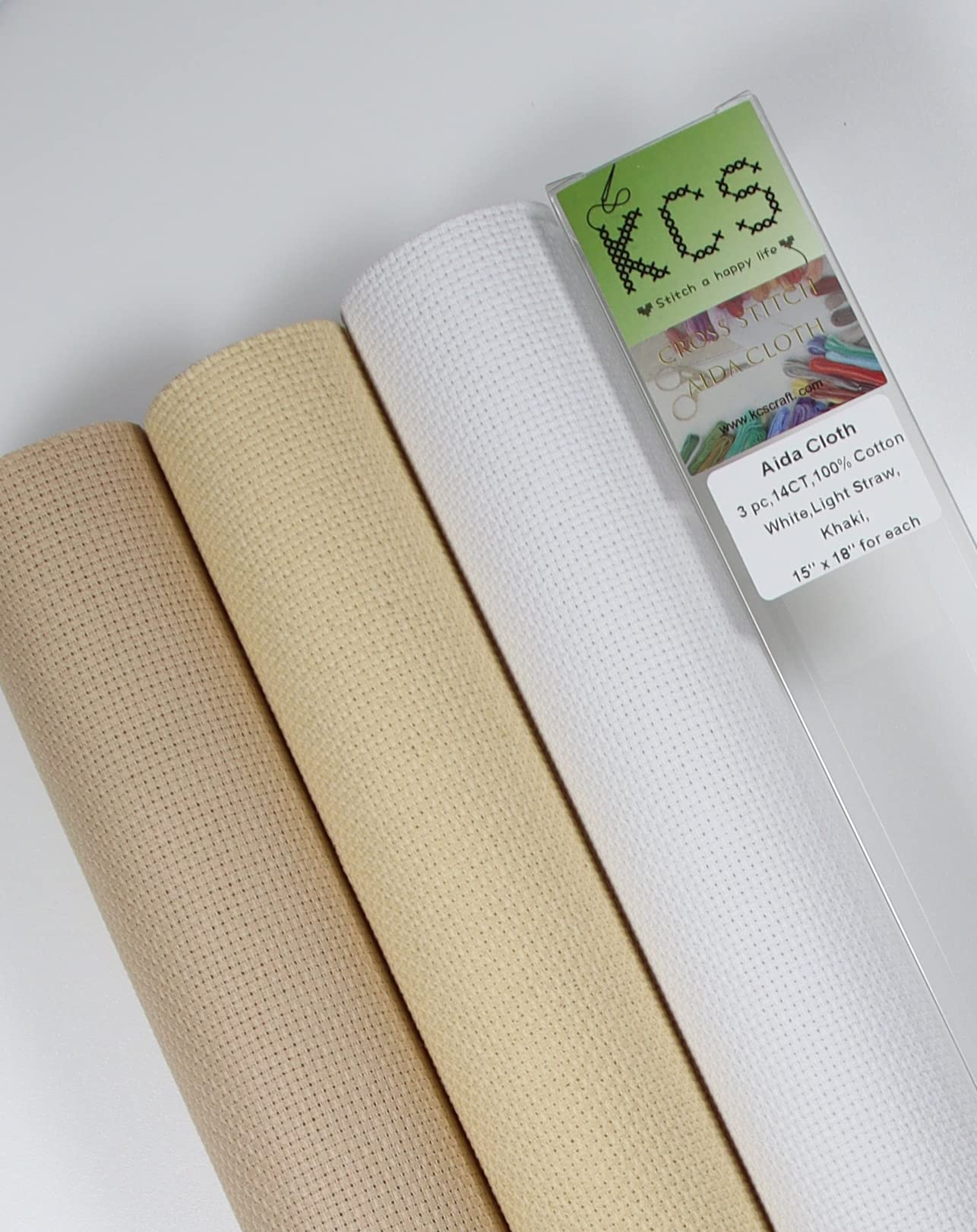 KCS 3 pc of 15" x 18" Counted Cross Stitch Cotton Aida Cloth Needlework Rolled Fabric Box,14CT,White+Light Straw+Khaki