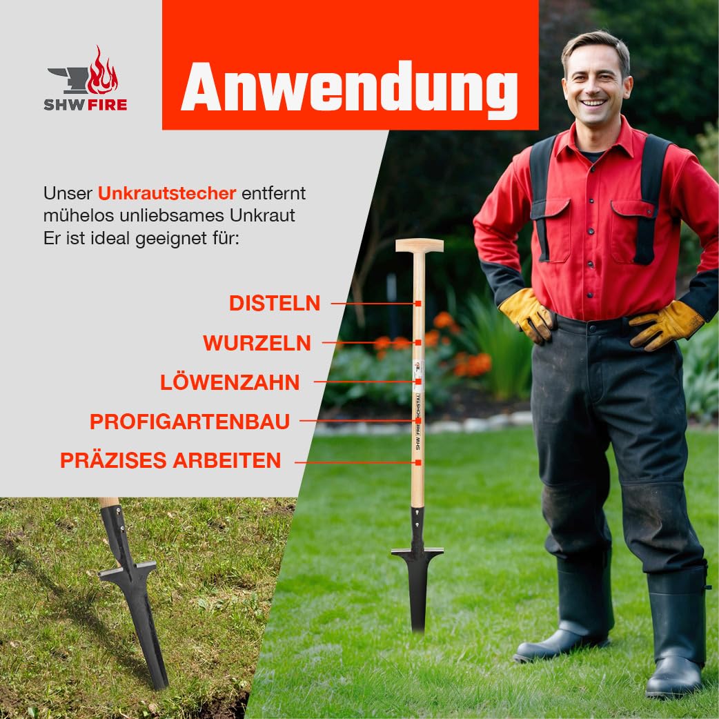 SHW-FIRE Unkrautstecher Profi mit 82cm Eschenholzstiel - Handgeschmiedet mit praktischem Tritt
