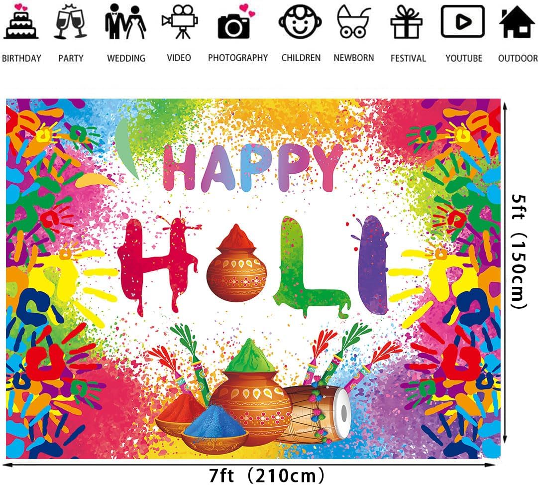 XCKALI Colorful Happy Holi Backdrop Hindu Colorful Powder Graffiti Handprint Pattern Flag Party Decoration Indian Cake Smash Decorations 7x5FT