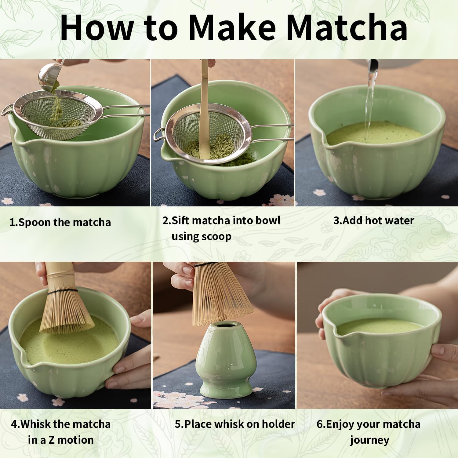 Matcha Whisk Set of 8 - HTRCXB Ceramic Matcha Set, Include Matcha Bowl, Matcha Whisk and Holder, Bamboo Scoop, Measuring Spoon, Scoop Rest, Sifter and Tea Towel - Matcha Kit Gift for Matcha Lovers - Image 7