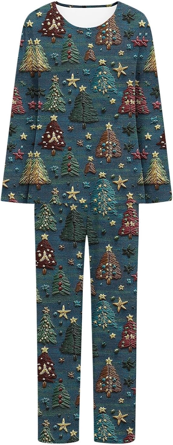 Womens Christmas Pajamas Set Xmas Santa Printed Loungewear Crew Neck Long Sleeve Top and Pants Lounge Sweatsuit Set