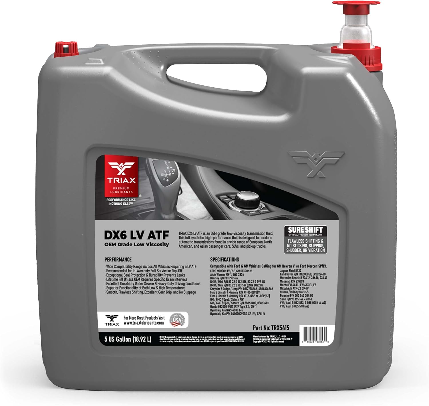 TRIAX DX6 LV ATF - Compatible with Dexron VI and Mercon SP/LV Applications - Full Synthetic, OEM Grade, Low Viscosity, Fill for Life Automatic Transmission Fluid (5 Gallon)