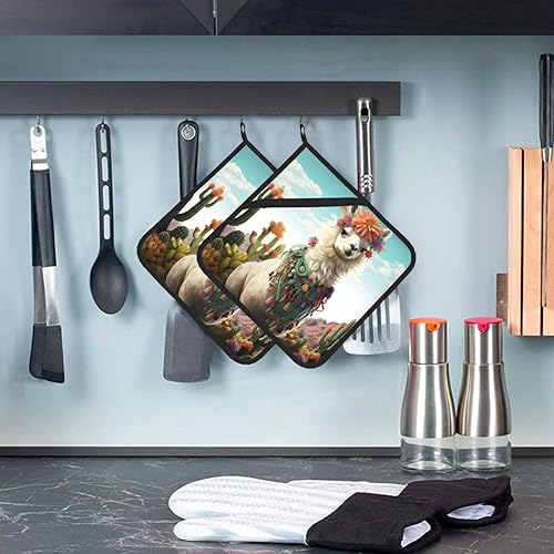 Miniatura 5 de 2Pcs Pot Holders with Pocket for Kitchen Heat Resistant Hot Pads for Countertops Mexican Llama Cactus Oven Potholders Set for Cooking Baking Oven