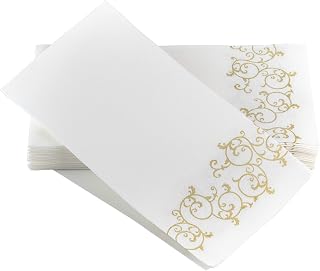 Disposable Guest Bathroom Hand Towels - Gold Floral Design - Linen-Feel Disposable Paper Towels, Cloth-Like Texture, Single-Use, Perfect Size: 12x17” Unfolded & 8.5x4” Folded - Box of 100 by SimuLinen