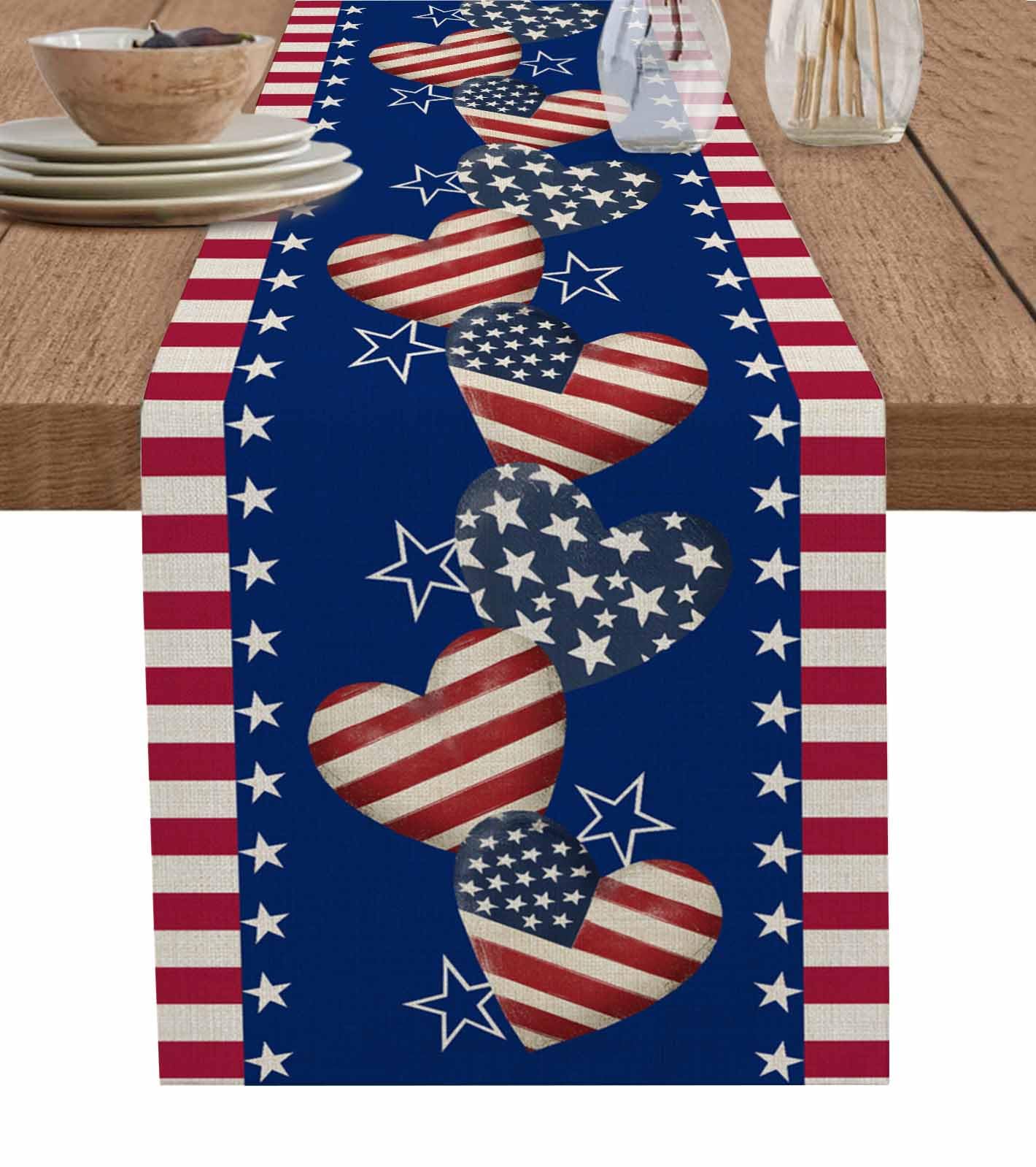 Farmhouse Table Runner Independence Day Stars and Stripes Love Retro Non Slip Table Runners Dresser Scarves 72" Long, Modern Tabletop Cover Decor for