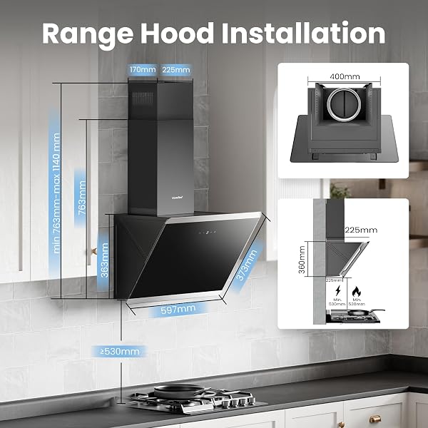 COMFEE' 60cm Angled Cooker Hood Class A++ Tempered Glass Extractor Hood with Touch Screen, LED and Recirculating & Ducting System Wall Mounted Extractor Fan kitchen, Black [Energy Class A++] - 3