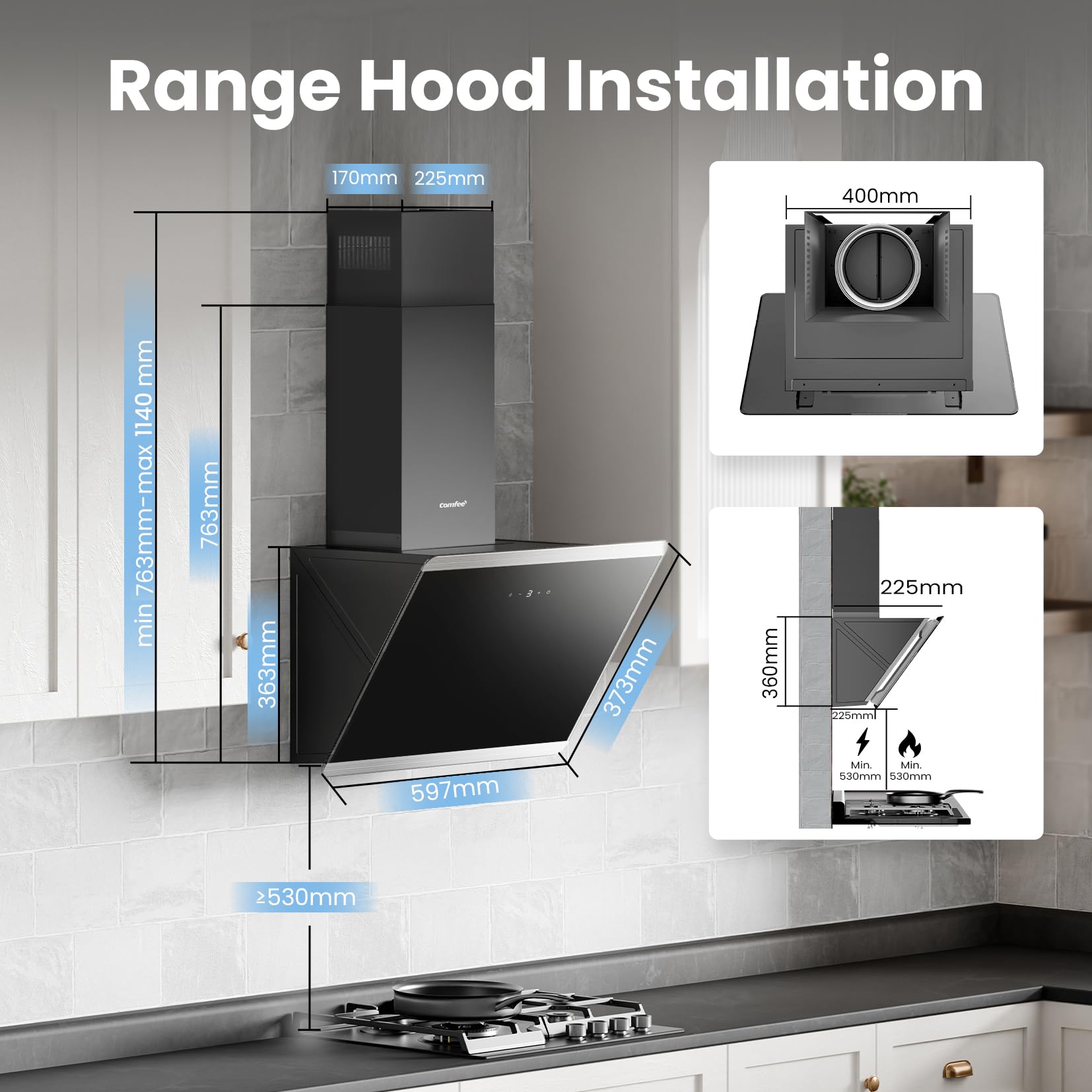 COMFEE' 60cm Angled Cooker Hood Class A++ Tempered Glass Extractor Hood with Touch Screen, LED and Recirculating & Ducting System Wall Mounted Extractor Fan kitchen, Black [Energy Class A++] — view 3