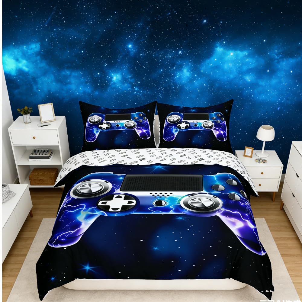 Homemissing Boys Multicoloured 11 Galaxy Gamer Duvet Cover Purple Lightning Gamer Bedding Set For Kids Video Game Gamer Bedding & Linen Game Controller Bedding & Linen 3Pcs Double Size