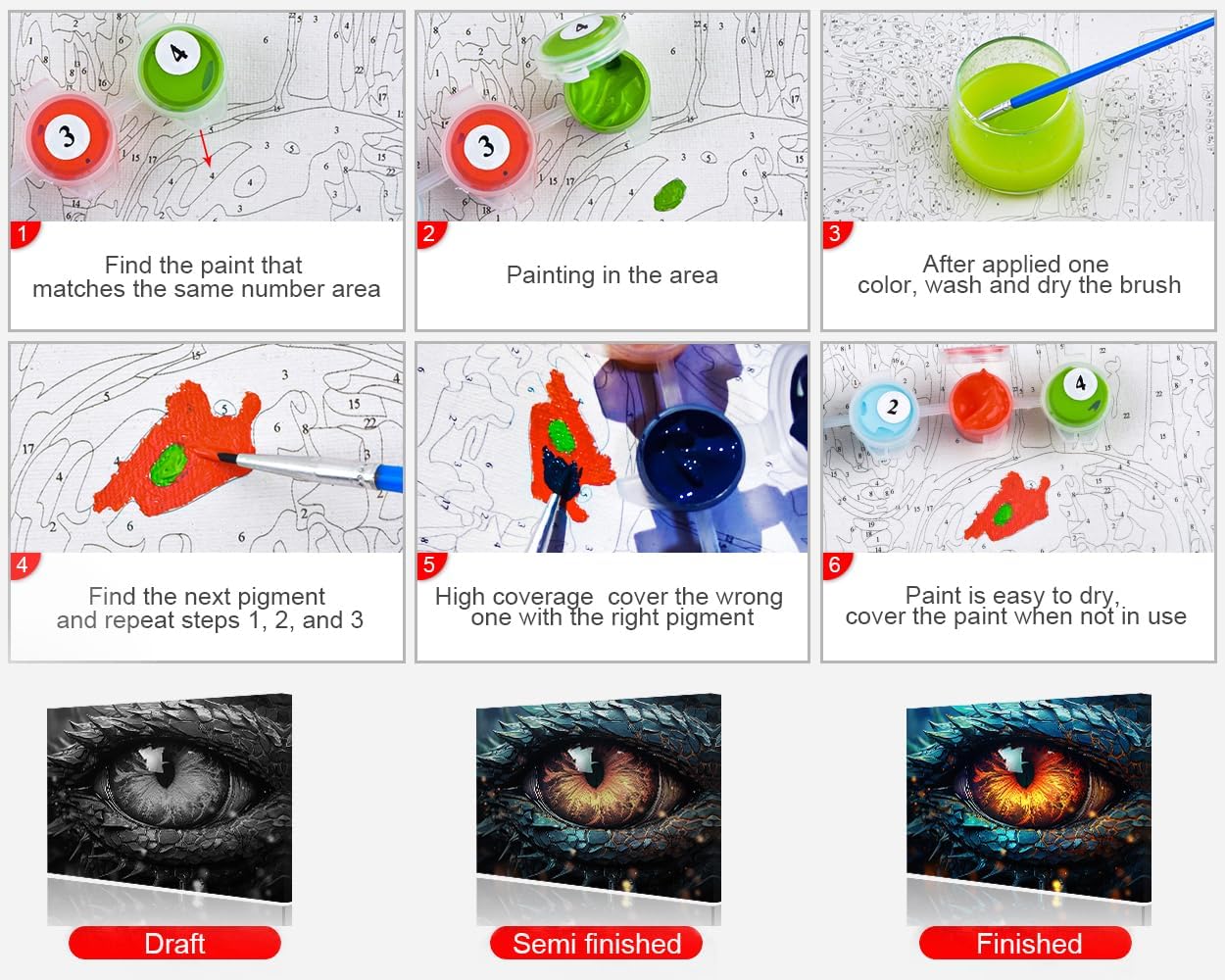 Rebotipy Dragon Eyes Paint by Numbers Fantasy Creature Adults Paint by Number Kits Dragon Scale Adults' Paint-by-Number Kits Abstract Style Oil Hand Painting Craft for Home Decor 16x20 Inch (Frame)