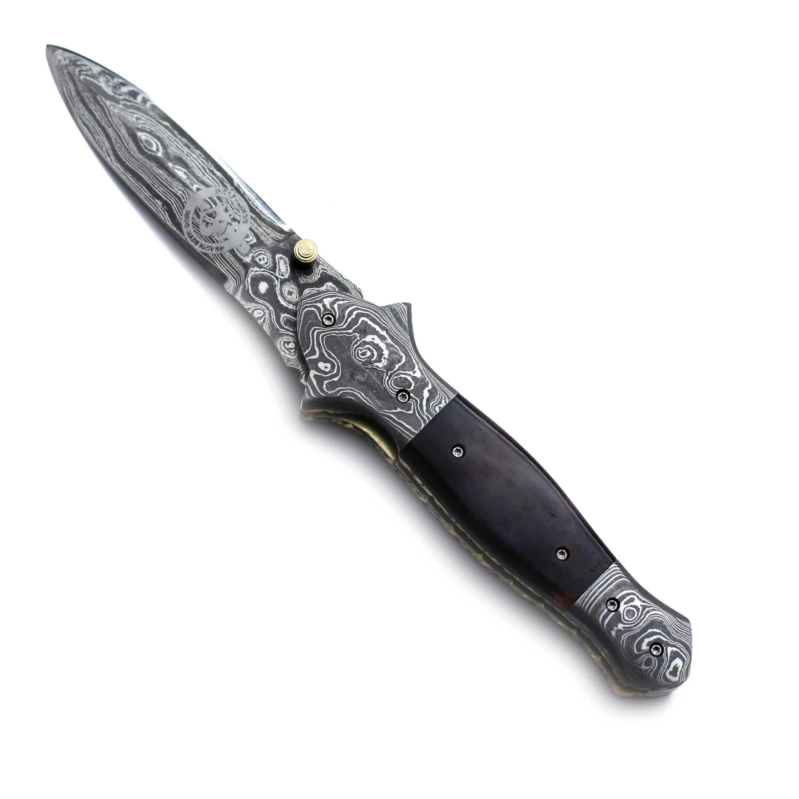 WolfKlinge Damascus Handmade Bowie Folding Pocket Knife for Hunting,Survival,Camping,Bushcraft and Fishing with Full Tang Sheep Horn Handle withCowHide-Leather Sheath WFD-2559