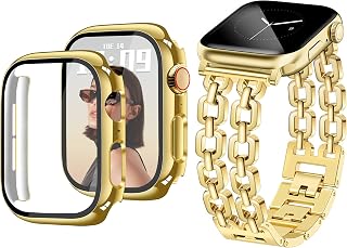 Newlibery Gold Hard PC Case with HD Screen Protector Double Chain Bands Bundle Compatible with Apple Watch Band 42mm for iWatch Series 10/11