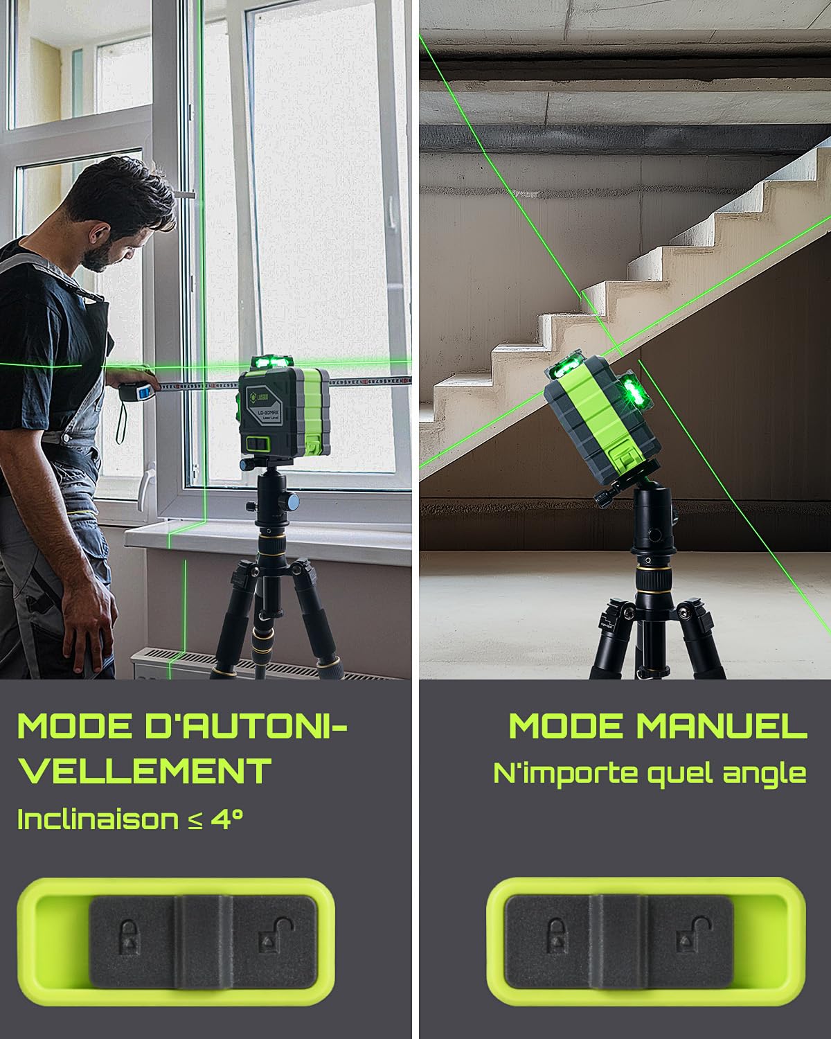 LasGoo LG-3DMAX Niveau Laser 3x360° Vert, Laser Croisé Auto-Nivellant 3D, 2 Batteries Lithium Rechargeables, Adaptateur de Réglage, Lunettes et Étui Rigide