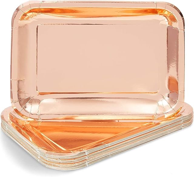 Sparkle and Bash Rose Gold Foil Paper Serving Trays for Parties (22.9 x 33 cm, 24 Pack)