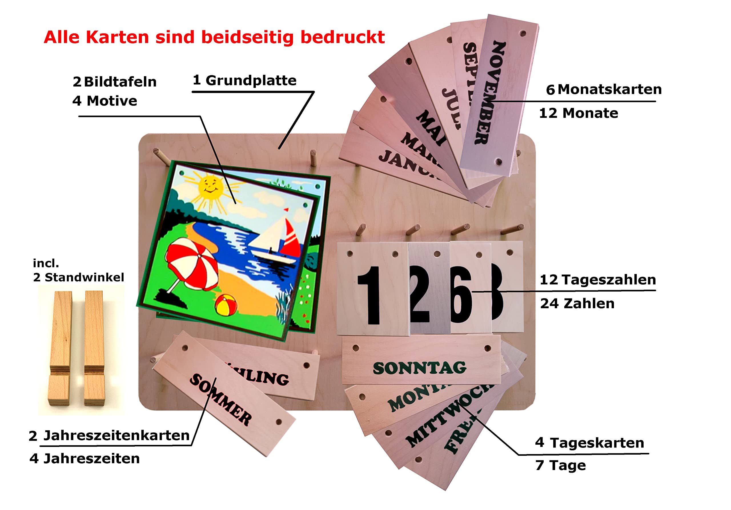 TISCH- und WANDKALENDER | Schwarze Schrift | mit Standwinkel | VIER JAHRESZEITEN | LERN- UND DAUERKALENDER aus HOLZ | Made in Germany | Für Schule, Kindergarten, Seniorenheim oder auch ZUHAUSE