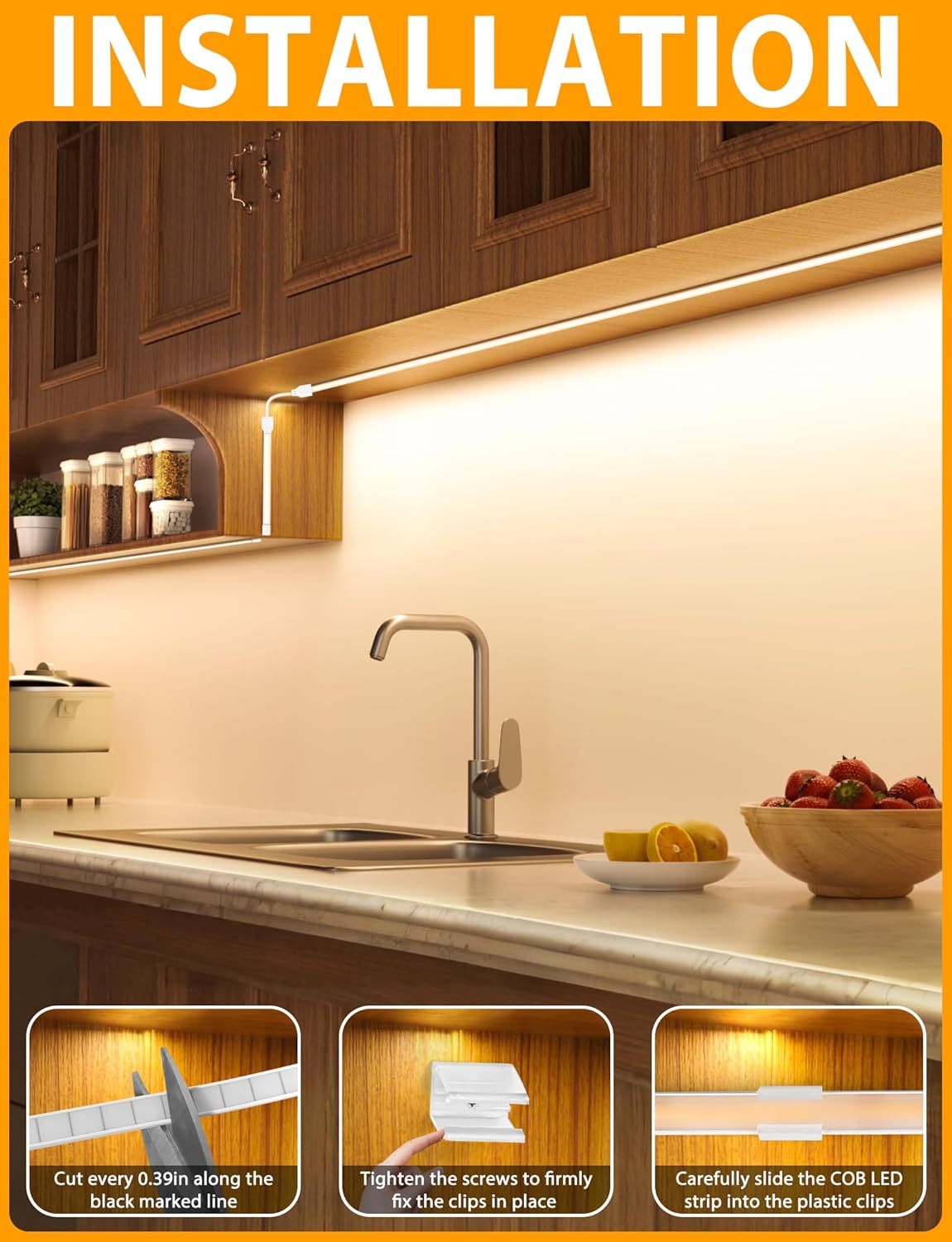 Three images demonstrating the installation process: cutting the strip, screwing in plastic clips, and sliding the LED strip into the clips.