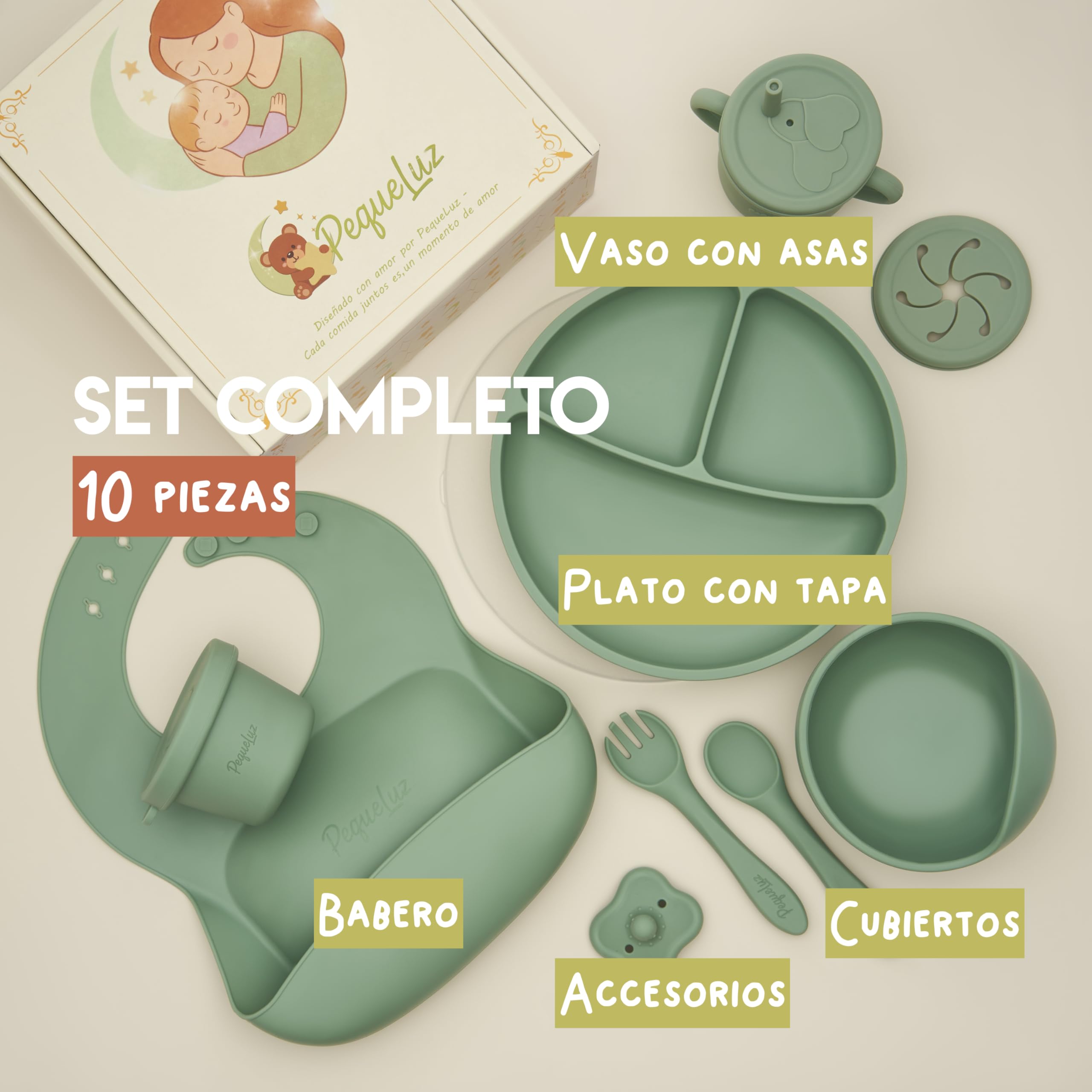Set Pappa Svezzamento Neonati in Silicone LFGB – 10 Pezzi | Set Autosvezzamento Premium con Piatto e Ciotola con Ventosa, Tazza, Bavaglino e Posate Bambino | Senza BPA
